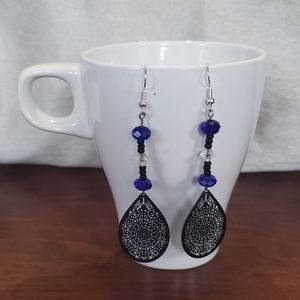 Black Teardrop Earrings with Blue Gem Beading